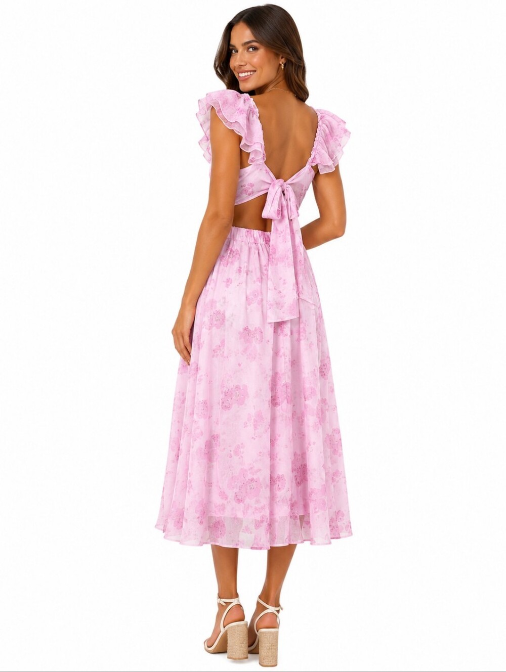 Lulus Loveliest Darling Light Pink Floral Ruffled Tie-Back Midi Dress – Size M